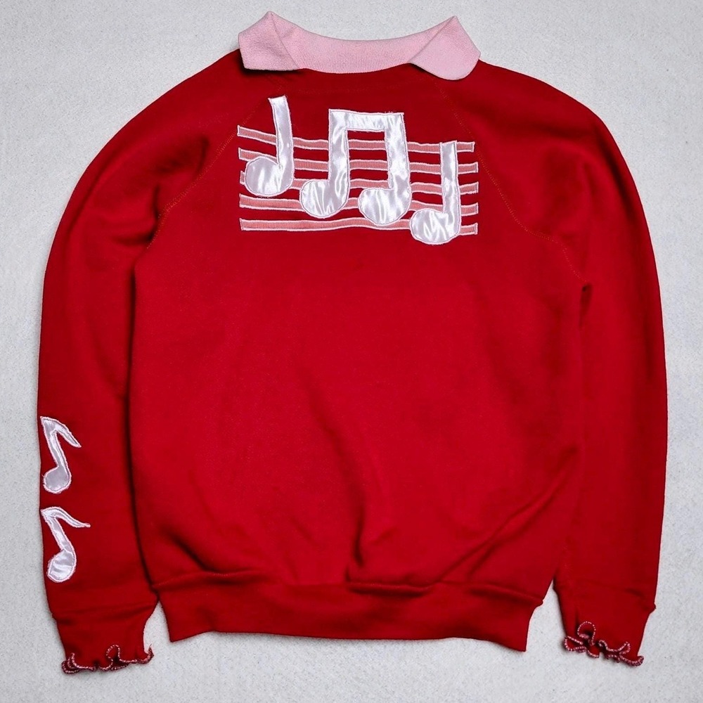 80s Music Notes Collared Sweatshirt Ruffle Cuff Red Boxy Size S/M Vintage